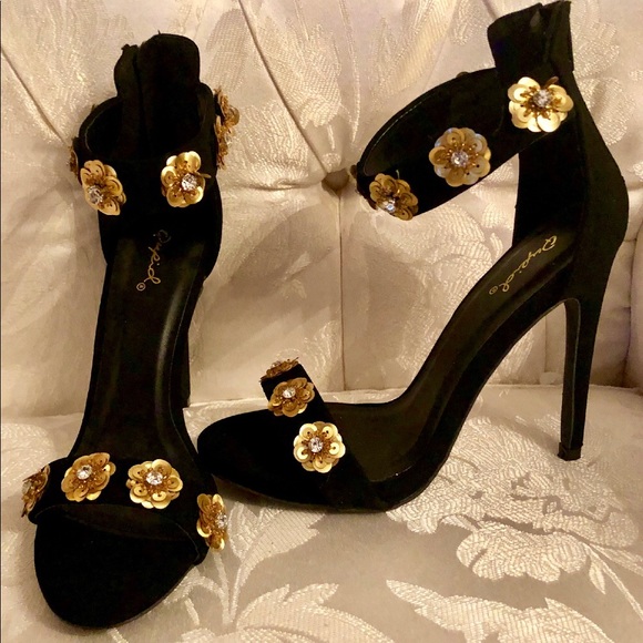 GOLD SEQUIN RHINESTONE VELVET ANKLE STRAPS - Picture 3 of 6
